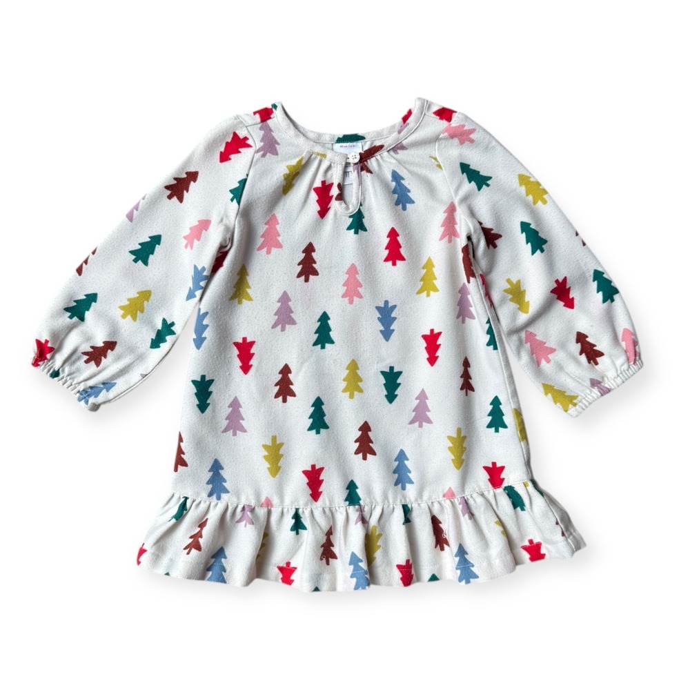 Hanna Andersson Girl's 3T Christmas Tree Print Long Sleeve Ruffle Dress - Picture 2 of 8
